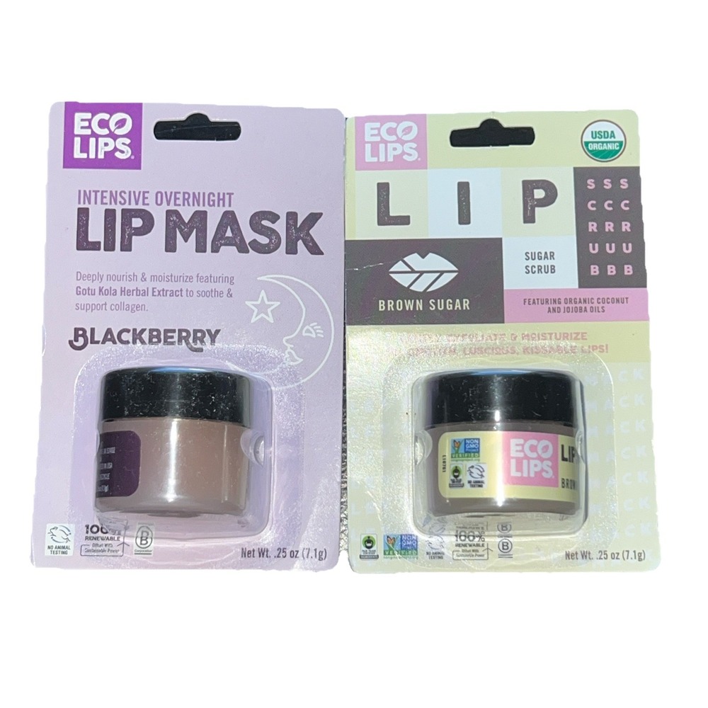 2-Eco Lips Overnight Lip Mask Blackberry And Lip Scrub Brown Sugar .25 Oz New